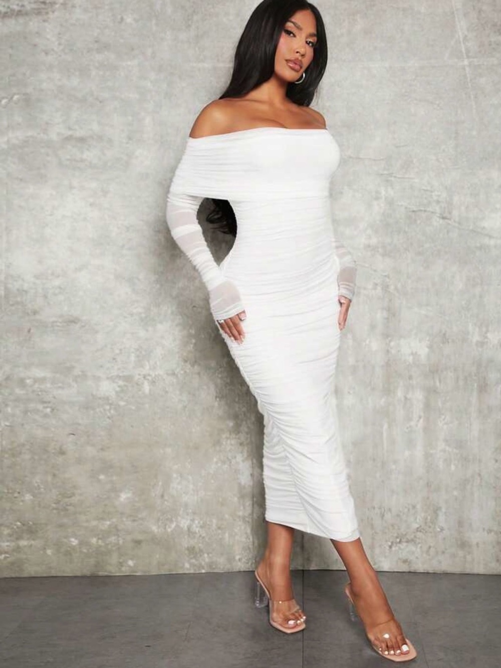 Off-Shoulder White Ruched Midi Dress